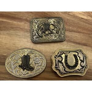 Western Belt Buckles Lot of 3 Cowboy Rodeo Horse Horseshoe Boot Metal Mens Brass